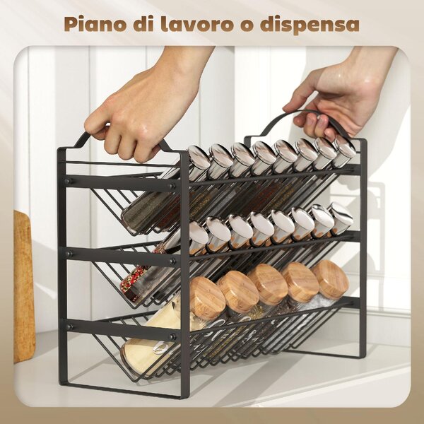 DecHome Portaspezie da Cucina a 3 Livelli, Organizer Salvaspazio con Ripiani Inclinati in Metallo, colore Nero - L5570BK
