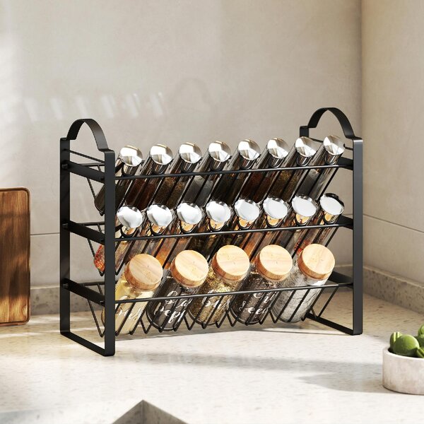 DecHome Portaspezie da Cucina a 3 Livelli, Organizer Salvaspazio con Ripiani Inclinati in Metallo, colore Nero - L5570BK