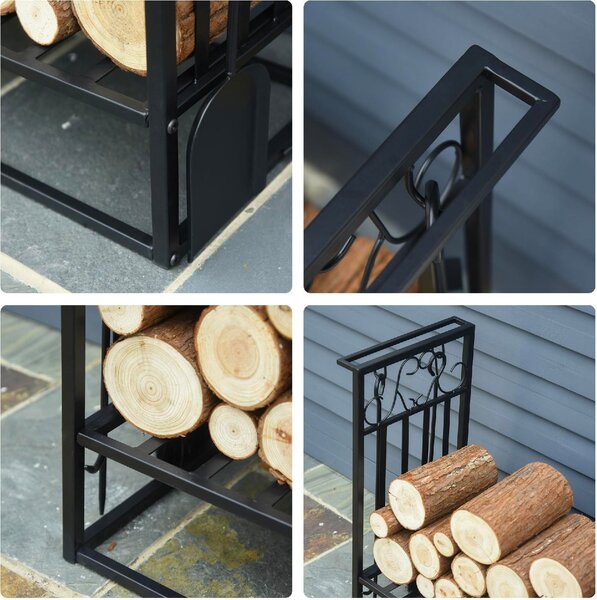 DecHome Rack Di Legna da Ardere Portalegna 4 Attrezzi In Acciaio Max. Carico 100 Kg Nero - 84D163