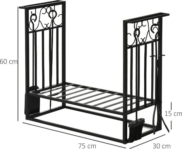 DecHome Rack Di Legna da Ardere Portalegna 4 Attrezzi In Acciaio Max. Carico 100 Kg Nero - 84D163