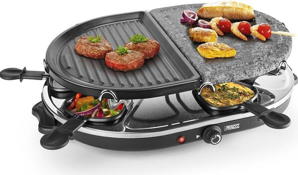 PRINCESS Raclette Elettrica Barbecue da Tavolo 1 piastra Antiaderente e 1 in Pietra + 8 padellini - Gourmette & Stone Grill - 162710