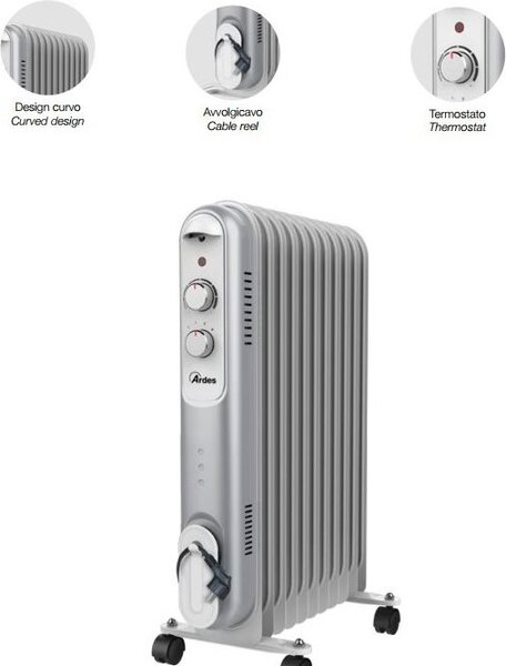 Ardes Radiatore Termosifone Elettrico ad Olio Stufa Portatile 11 Elementi Potenza 2500 Watt con Termostato - AR4R11S Curvy 11