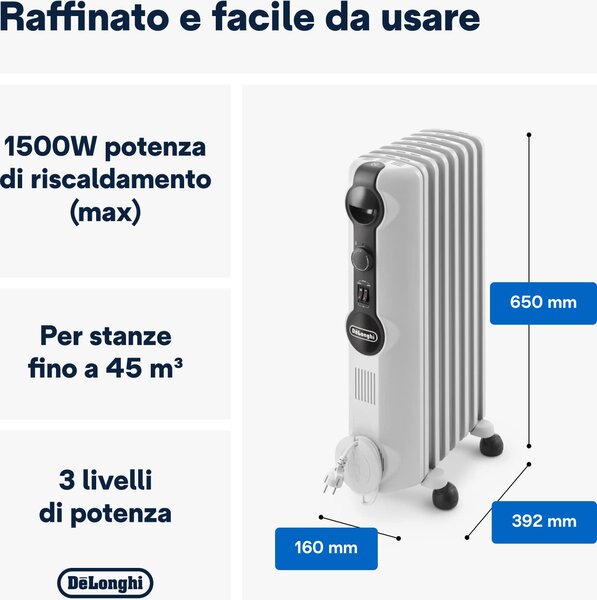 De Longhi Radiatore Termosifone Elettrico ad Olio Stufa Portatile 7 Elementi Potenza 1500 Watt con Termostato - TRRS 0715