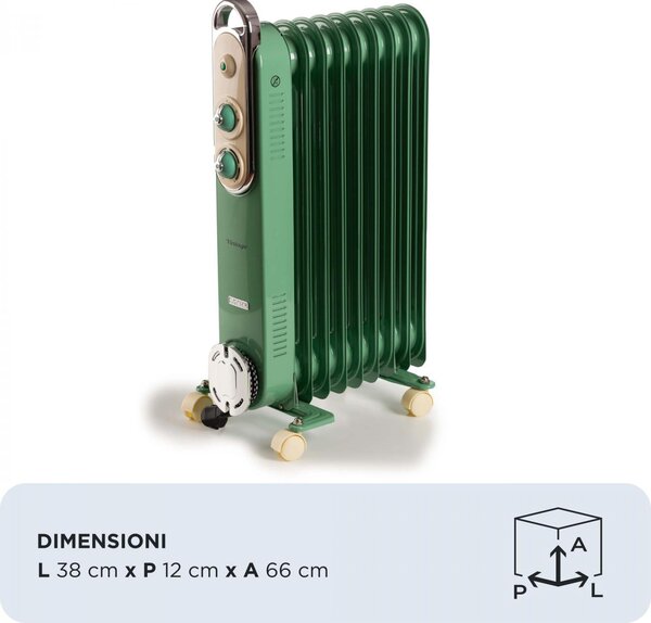 Ariete Radiatore Termosifone Elettrico ad Olio Stufa Portatile 9 Elementi Potenza 2000 Watt colore Verde - 00B825104AR0 Linea Vintage