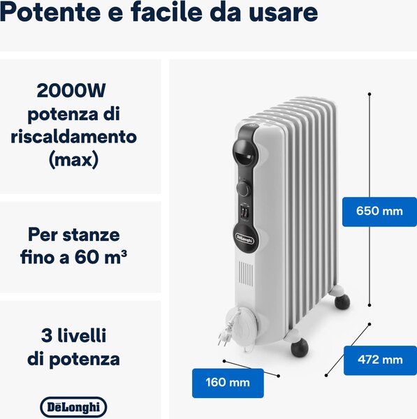 De Longhi Radiatore Termosifone Elettrico ad Olio Stufa Portatile 9 Elementi Potenza 2000 Watt con Termostato - TRRS 0920