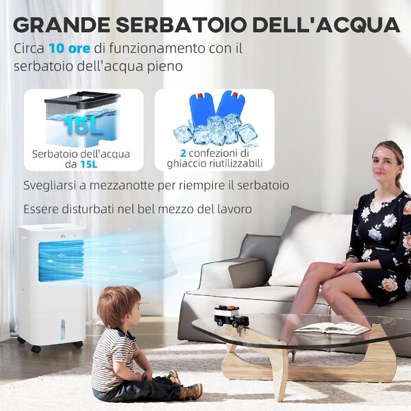 DecHome Raffrescatore d'Aria Portatile Evaporativo senza Tubo con Funzione Deumidificatore e Ventilatore Potenza 65W Capacit Tanica 15L