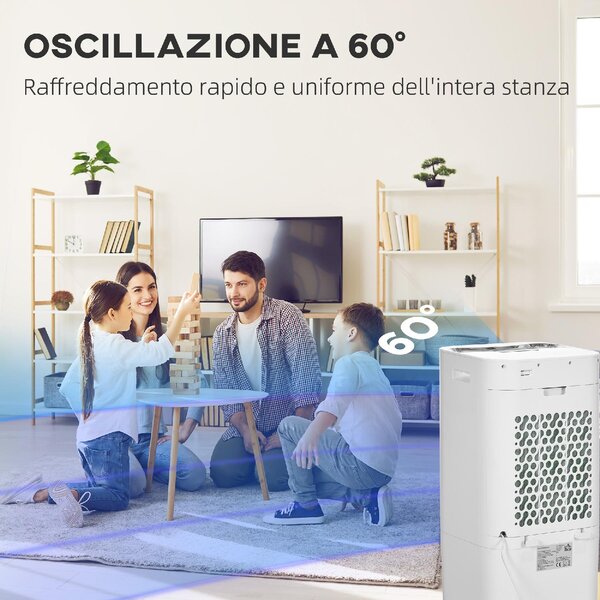 DecHome Raffrescatore d'Aria Portatile Evaporativo senza Tubo con Funzione Deumidificatore e Ventilatore Potenza 65W Capacit Tanica 15L