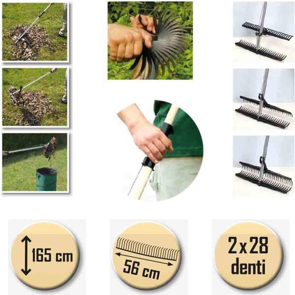 VivaGarden Rastrello Raccoglitore Doppio Pettine in PP con Manico in Legno 28 x 2 Denti Larghezza raccolta 55 cm - PF20061