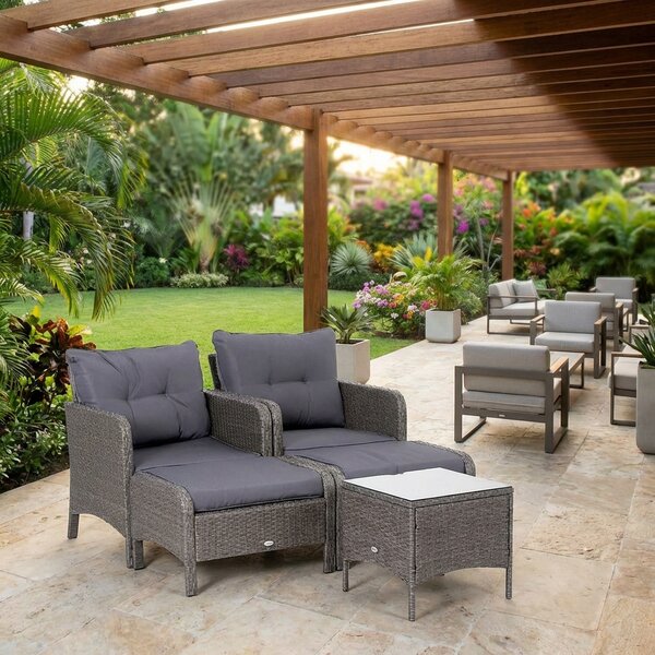 VivaGarden Salotto da Giardino con 2 Poltrone 2 Pouf e Tavolino con Cuscini in Rattan PE colore Grigio