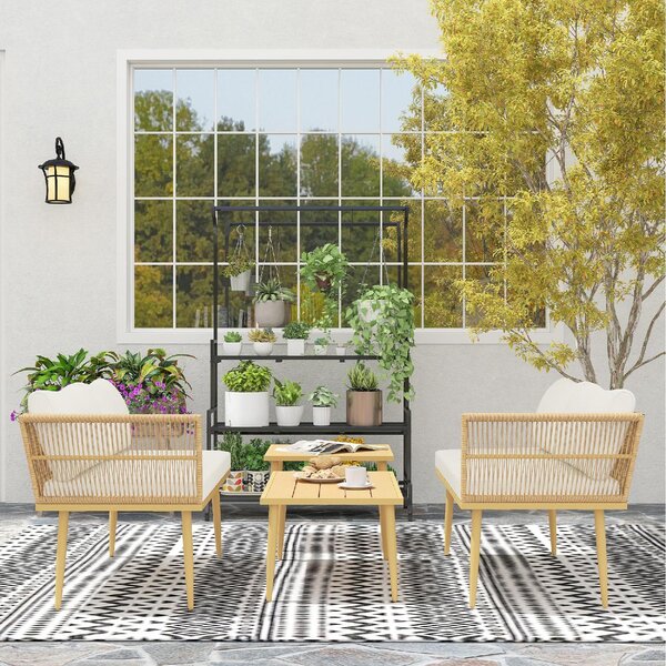 VivaGarden Salotto da Giardino con 2 Divani e 2 Tavolini con Cuscini in Rattan PE colore Legno Naturale