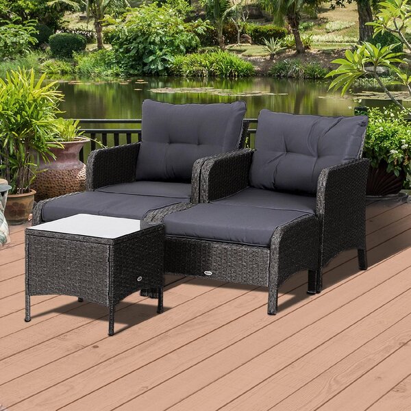 VivaGarden Salotto da Giardino con 2 Poltrone 2 Pouf e Tavolino con Cuscini in Rattan PE colore Grigio