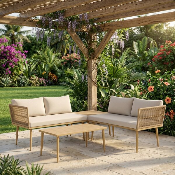 VivaGarden Salotto da Giardino con 2 Divani e 2 Tavolini con Cuscini in Rattan PE colore Legno Naturale