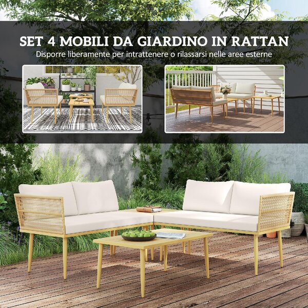 VivaGarden Salotto da Giardino con 2 Divani e 2 Tavolini con Cuscini in Rattan PE colore Legno Naturale