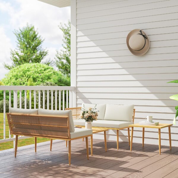 VivaGarden Salotto da Giardino con 2 Divani e 2 Tavolini con Cuscini in Rattan PE colore Legno Naturale