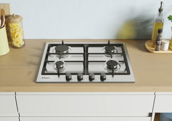 Candy CHG 6BRX Serie Timeless Piano Cottura 4 Fuochi a Gas 60 cm Griglie in Ghisa colore Inox