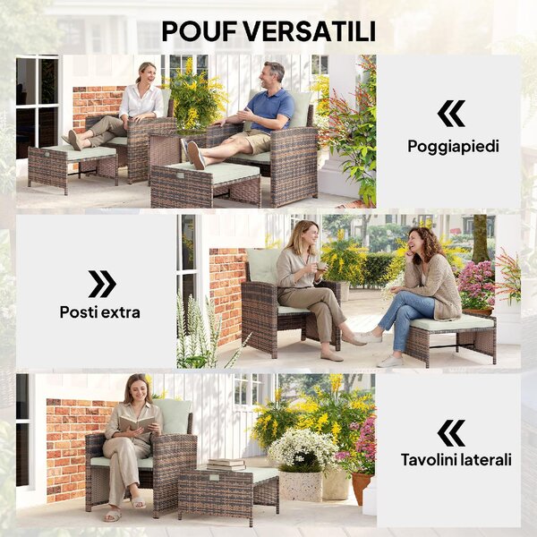 VivaGarden Salotto da Giardino con 2 Poltrone 2 Pouf e Tavolino in Rattan PE e Acciaio colore Marrone