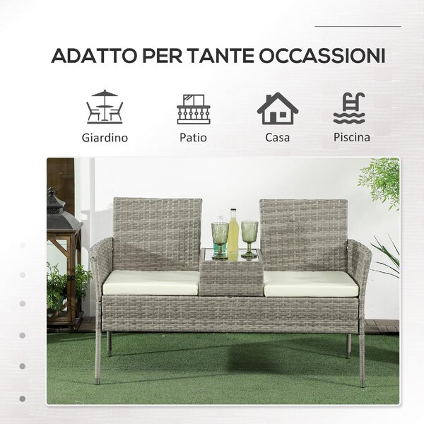 VivaGarden Salotto da Giardino con 2 Poltrone e Tavolino con Cuscini in Acciaio e Rattan PE colore Grigio/Crema