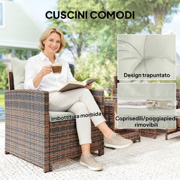 VivaGarden Salotto da Giardino con 2 Poltrone 2 Pouf e Tavolino in Rattan PE e Acciaio colore Marrone