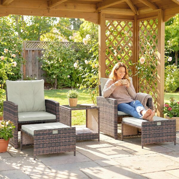 VivaGarden Salotto da Giardino con 2 Poltrone 2 Pouf e Tavolino in Rattan PE e Acciaio colore Marrone