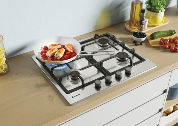Candy CHG 6BRX Serie Timeless Piano Cottura 4 Fuochi a Gas 60 cm Griglie in Ghisa colore Inox