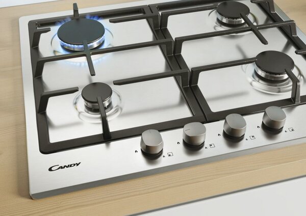 Candy CHG 6BRX Serie Timeless Piano Cottura 4 Fuochi a Gas 60 cm Griglie in Ghisa colore Inox