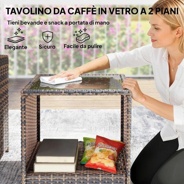 VivaGarden Salotto da Giardino con 2 Poltrone 2 Pouf e Tavolino in Rattan PE e Acciaio colore Marrone