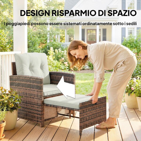 VivaGarden Salotto da Giardino con 2 Poltrone 2 Pouf e Tavolino in Rattan PE e Acciaio colore Marrone