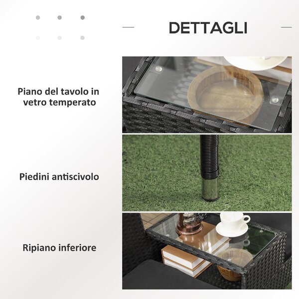 VivaGarden Salotto da Giardino con 2 Poltrone e Tavolino con Cuscini in Acciaio e Rattan PE colore Nero