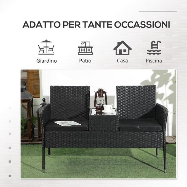 VivaGarden Salotto da Giardino con 2 Poltrone e Tavolino con Cuscini in Acciaio e Rattan PE colore Nero