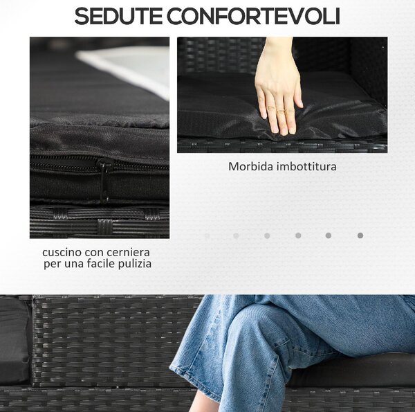 VivaGarden Salotto da Giardino con 2 Poltrone e Tavolino con Cuscini in Acciaio e Rattan PE colore Nero