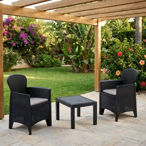 IPAE PROGARDEN Salotto da Giardino con 2 Poltrone e Tavolino con Cuscini in Rattan PE colore Antracite - Akita