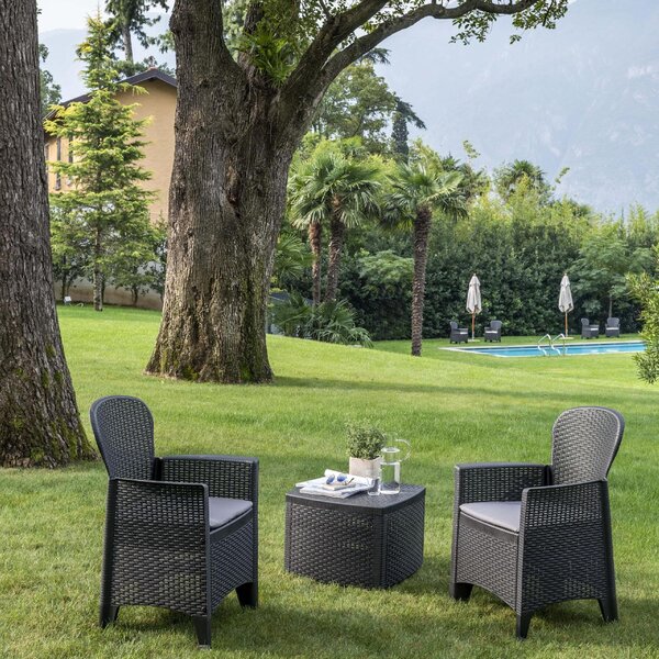 IPAE PROGARDEN Salotto da Giardino con 2 Poltrone e Tavolino con Cuscini in Rattan PE colore Antracite - Tree