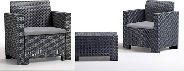 BICA Salotto da Giardino con 2 Poltrone e Tavolino con Cuscini in Rattan PE colore Antracite - Nebraska