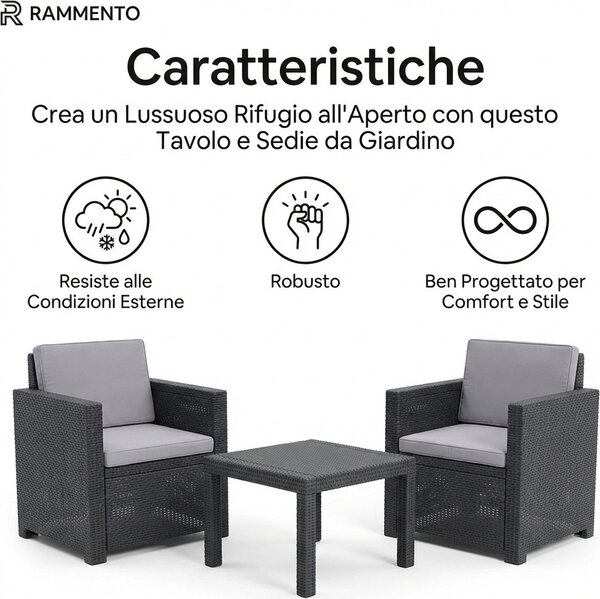 IPAE PROGARDEN Salotto da Giardino con 2 Poltrone e Tavolino con Cuscini in Rattan PE colore Antracite - Tree