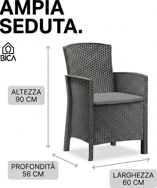 BICA Salotto da Giardino con 2 Poltrone e Tavolino con Cuscini in Rattan PE colore Antracite - Terrace