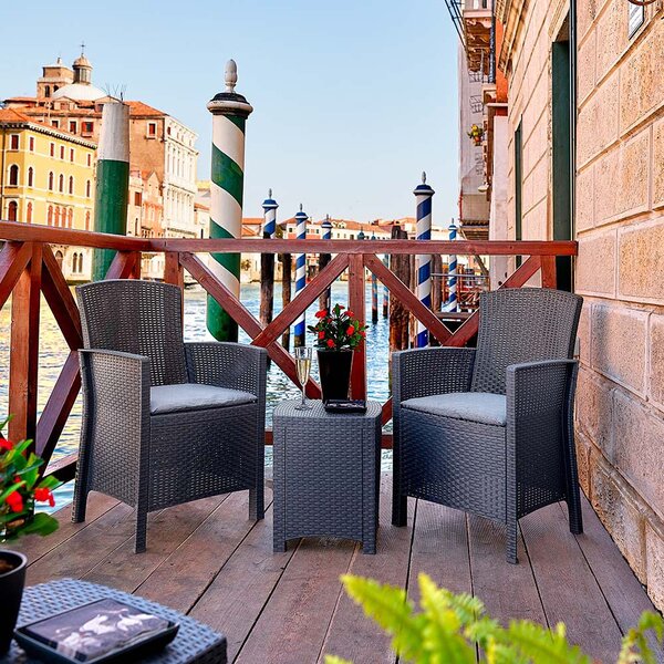 BICA Salotto da Giardino con 2 Poltrone e Tavolino con Cuscini in Rattan PE colore Antracite - Terrace