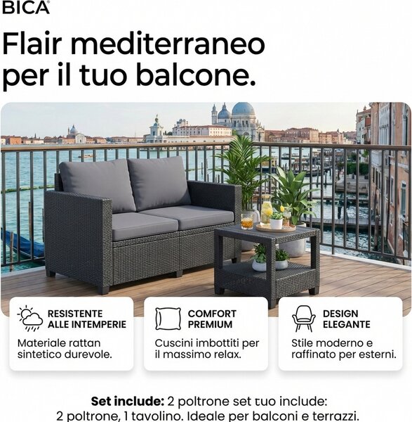 BICA Salotto da Giardino con 2 Poltrone e Tavolino con Cuscini in Rattan PE colore Antracite - Terrace