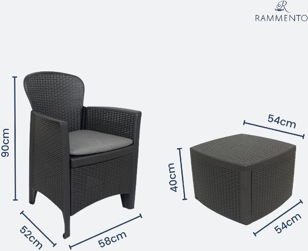 IPAE PROGARDEN Salotto da Giardino con 2 Poltrone e Tavolino con Cuscini in Rattan PE colore Antracite - Tree