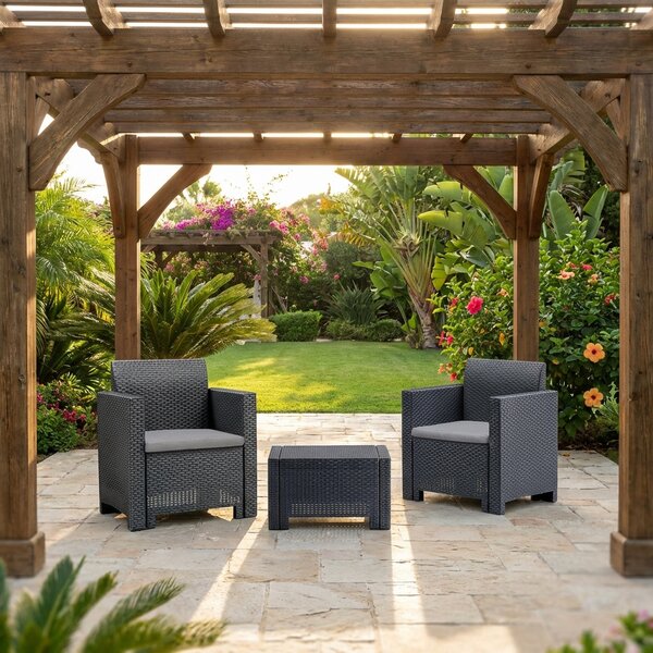 BICA Salotto da Giardino con 2 Poltrone e Tavolino con Cuscini in Rattan PE colore Antracite - Nebraska