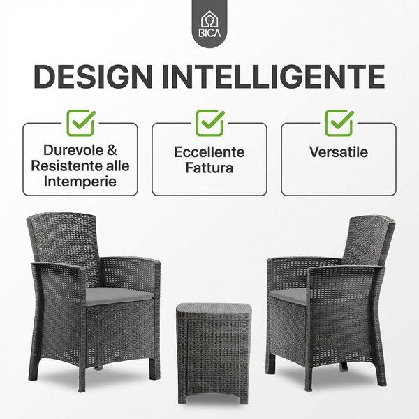 BICA Salotto da Giardino con 2 Poltrone e Tavolino con Cuscini in Rattan PE colore Antracite - Terrace