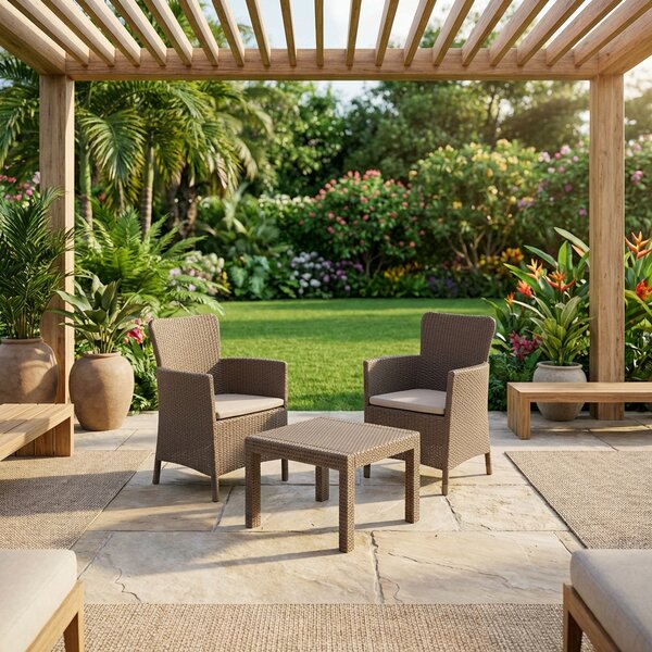 KETER Salotto da Giardino con 2 Poltrone e Tavolino con Cuscini in Rattan PE colore Cappuccino - Balcony