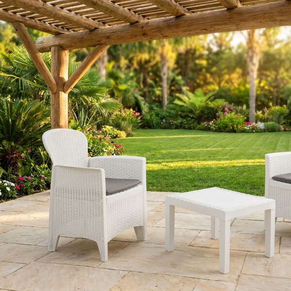 IPAE PROGARDEN Salotto da Giardino con 2 Poltrone e Tavolino con Cuscini in Rattan PE colore Bianco - Set Giard 5