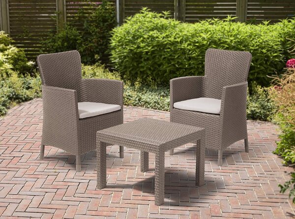 KETER Salotto da Giardino con 2 Poltrone e Tavolino con Cuscini in Rattan PE colore Cappuccino - Balcony