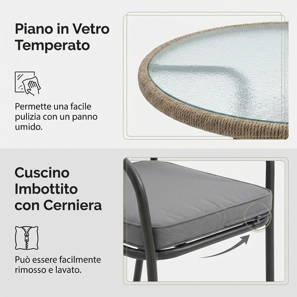VivaGarden Salotto da Giardino con 2 Poltrone e Tavolino con Cuscini in Rattan PE colore Grigio