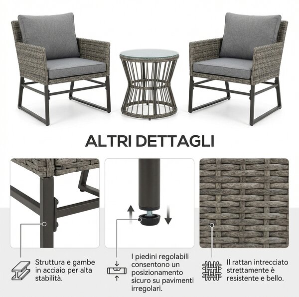 VivaGarden Salotto da Giardino con 2 Poltrone e Tavolino con Cuscini in Rattan PE colore Grigio