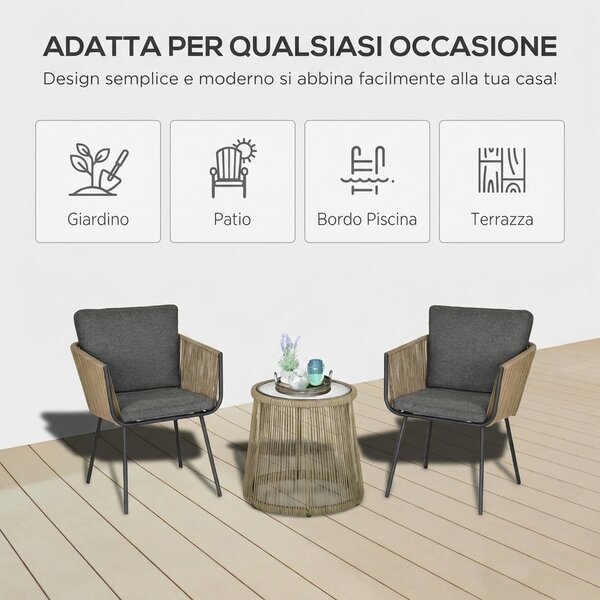 VivaGarden Salotto da Giardino con 2 Poltrone e Tavolino con Cuscini in Rattan PE colore Grigio
