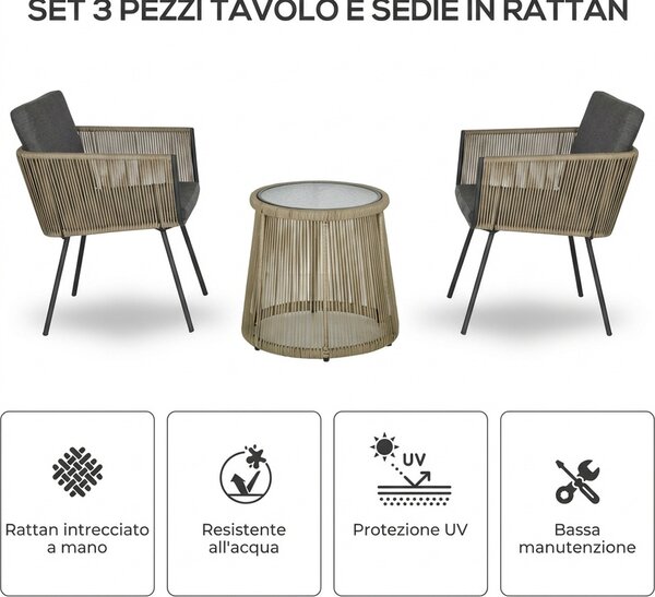VivaGarden Salotto da Giardino con 2 Poltrone e Tavolino con Cuscini in Rattan PE colore Grigio