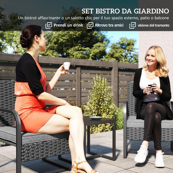 VivaGarden Salotto da Giardino con 2 Poltrone e Tavolino con Piano in Vetro in Rattan colore Nero