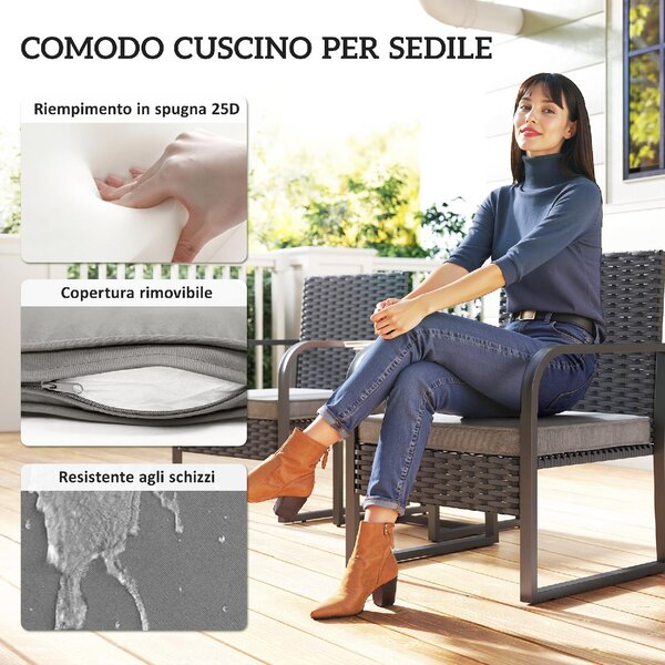 VivaGarden Salotto da Giardino con 2 Poltrone e Tavolino con Piano in Vetro in Rattan colore Nero