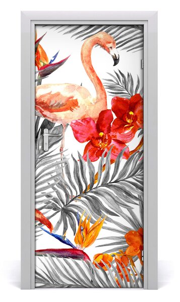 Adesivo per porta Flamingos e fiori 75x205 cm